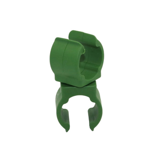 Green plastic tube clamp bracket with rotary ring and two hanging prongs