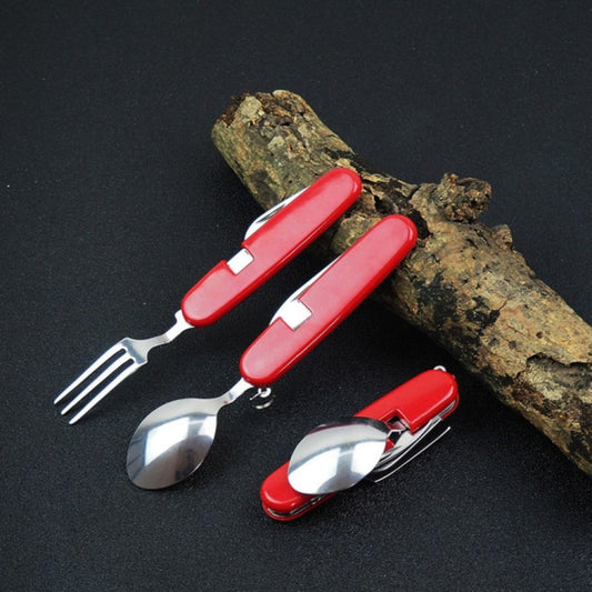 4-in-1 folding cutlery set with red handles: fork, spoon, and knife pieces