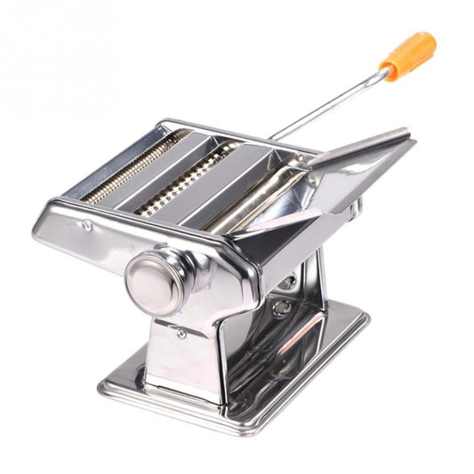 Stainless steel pasta noodle maker with hand crank handle and open cutting rollers