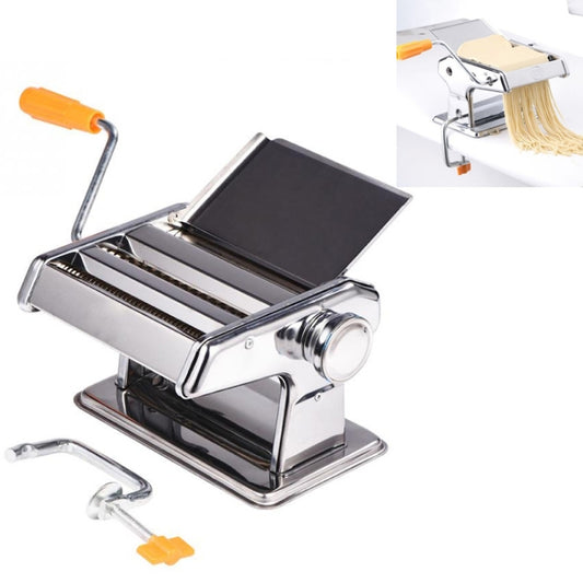 Stainless steel manual noodle maker with hand crank, black roller plate, and side cutter