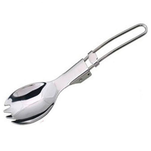 Stainless steel folding spork with spoon end and locking handle