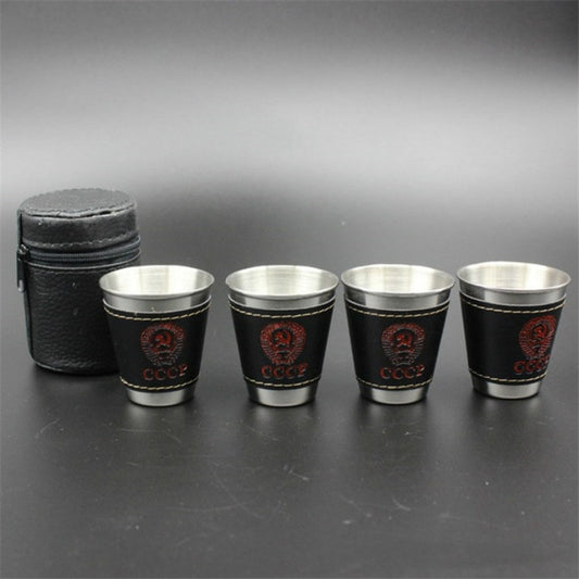 Stainless steel camping cups with black PU leather sleeves and red emblem, set with case