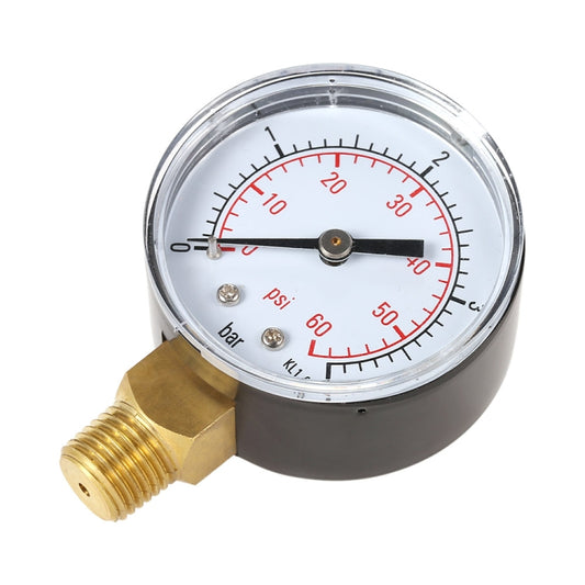 Hydraulic pressure gauge with PSI and bar scales, brass connector, black housing