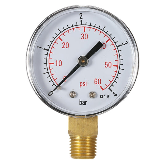 Hydraulic pressure gauge with clear dial, psi/bar markings, brass threaded inlet