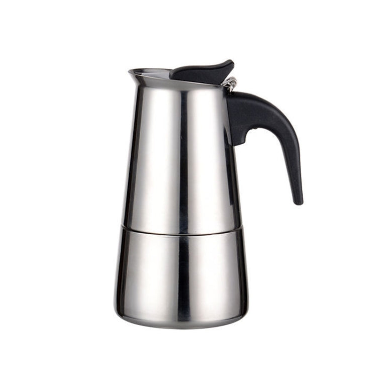 Stainless steel moka coffee maker with black handle and lid knob