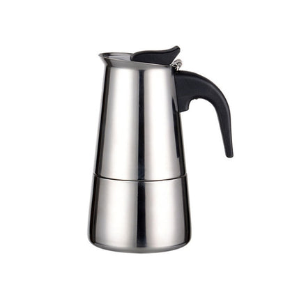 Stainless steel moka coffee maker with black handle and lid knob