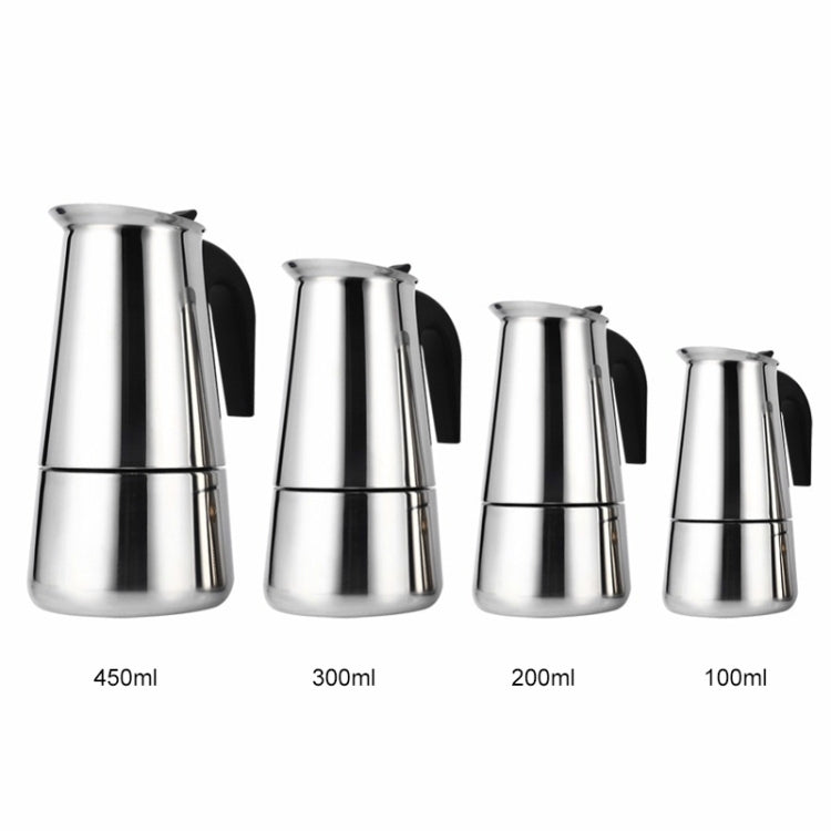 Stainless steel moka coffee maker in multiple sizes, black handle