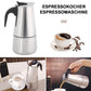 Stainless steel moka coffee maker pot with black handle and spout knob