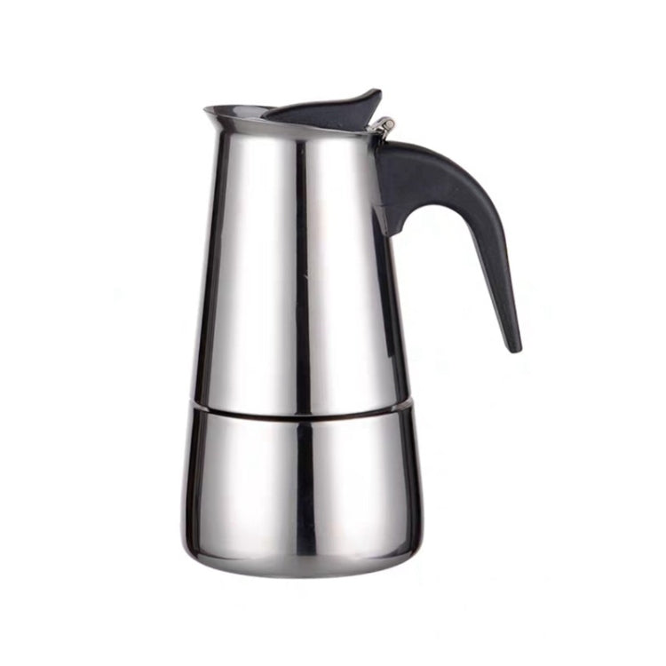 Stainless steel moka coffee maker pot with black handle and lid knob