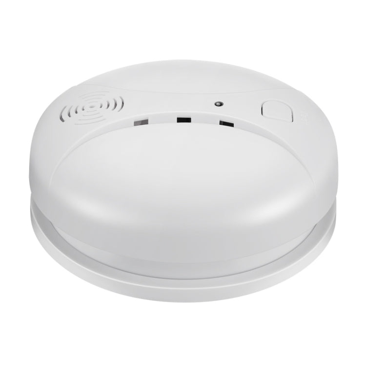White wireless smoke detector with top button and front speaker grille
