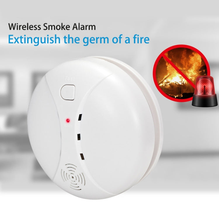 White circular smoke detector with top button, red indicator LED, and speaker grille
