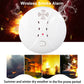 White circular wireless smoke detector front view with speaker grille and red status LED