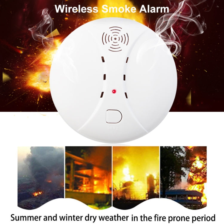 White circular wireless smoke detector front view with speaker grille and red status LED