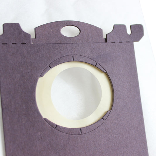 Vacuum dust bag with purple backing and large circular intake opening
