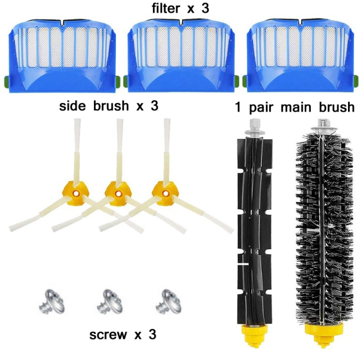 Vacuum brush kit: 3 filters, 3 side brushes, 2 main brushes, 3 screws