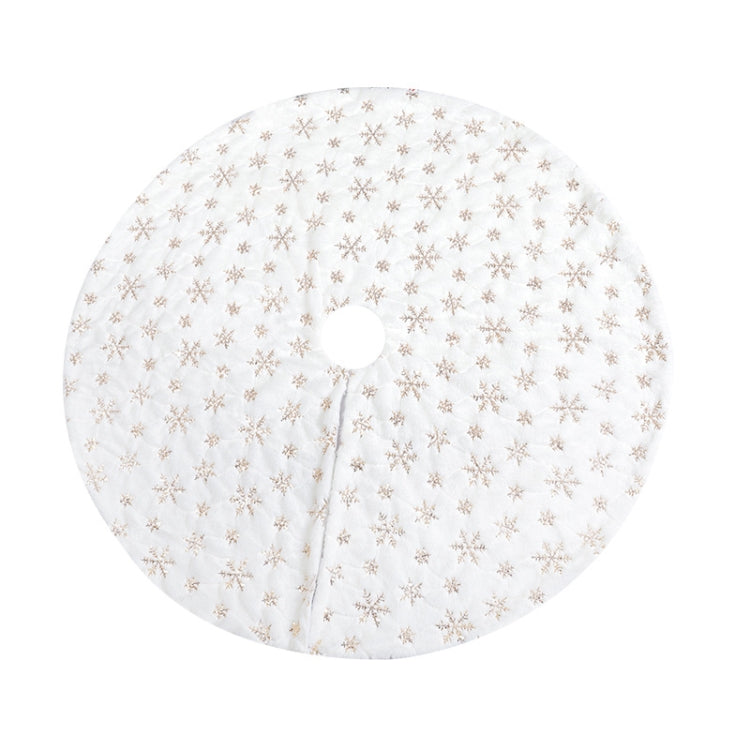 Plush decorative tree skirt with gold snowflake sequin embroidery and center hole