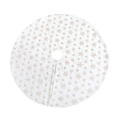 Plush decorative tree skirt with gold snowflake sequin embroidery and center hole