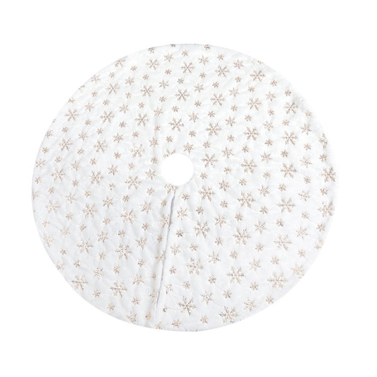 Plush decorative tree skirt with gold snowflake sequin embroidery and center hole