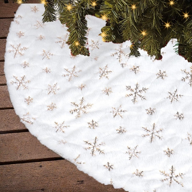 Plush tree skirt with gold snowflake sequin embroidery, round coverage for base