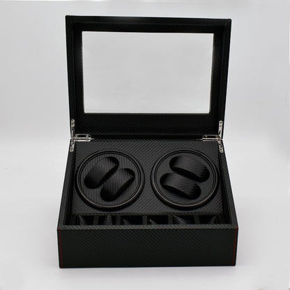 Black watch winder storage box with open lid and two rotation cushions