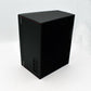 Black watch winder storage box with red-lined edges and side label
