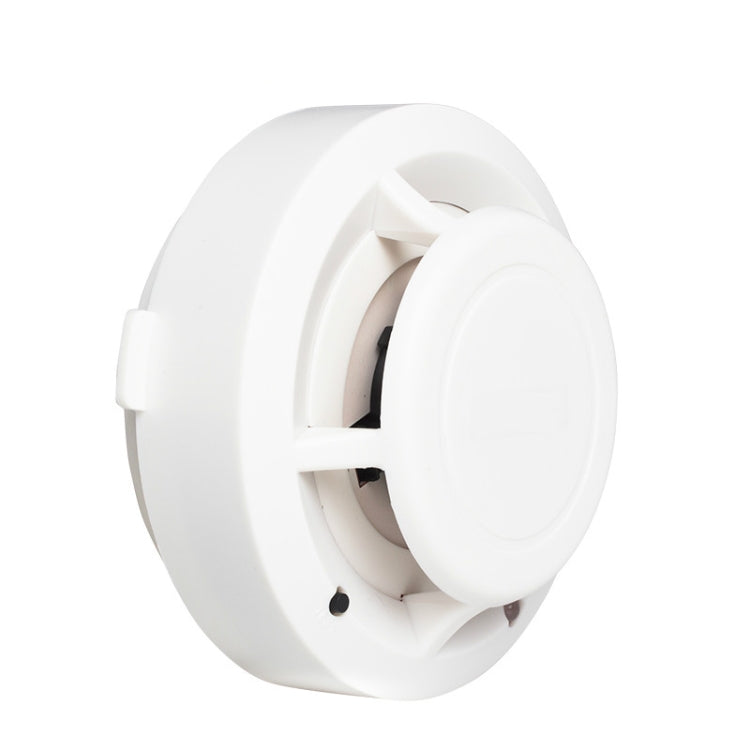 White photoelectric smoke detector with side cavity and mounting bracket detail
