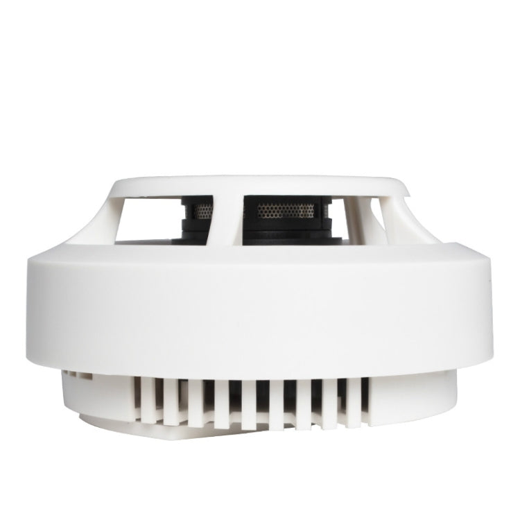White photoelectric smoke detector with top vented grille and sensor openings