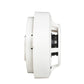White photoelectric smoke detector side view with open housing and internal components