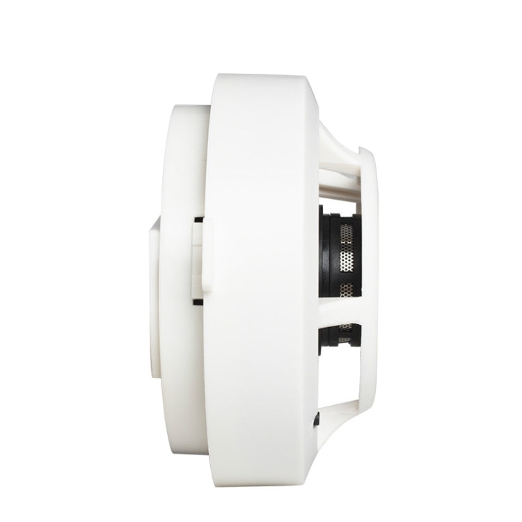 White photoelectric smoke detector side view with open housing and internal components