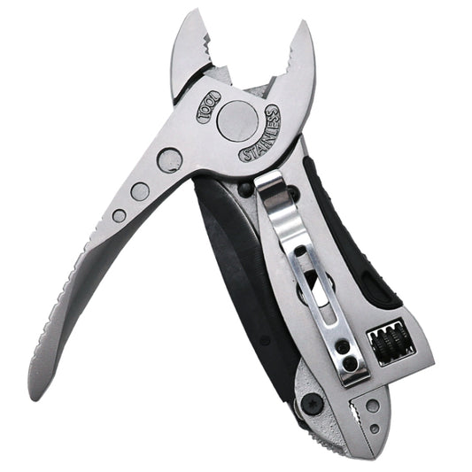 Multi-tool pliers with silver jaws, black handle, and spring-loaded plier head