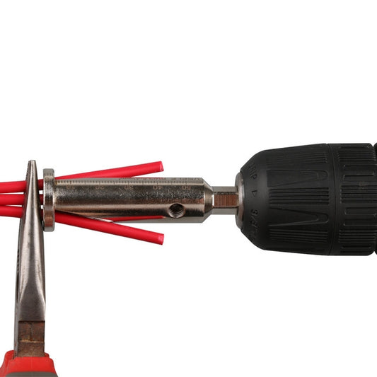 Cable stripping pliers gripping red wires with metal jaws and black handle