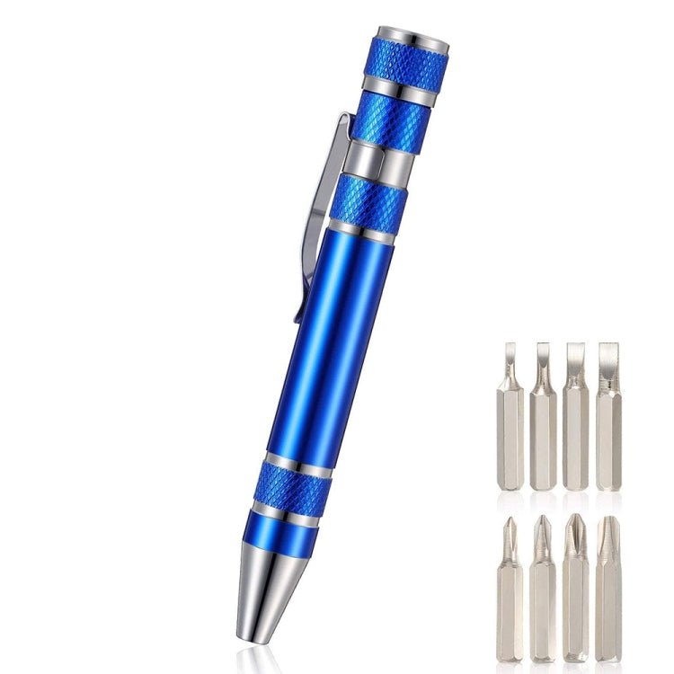 Blue aluminum mini tool pen screwdriver with interchangeable bit set, shown with spare tips