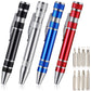 Aluminum mini tool pen screwdriver set shown in four colors: black, silver, blue, red