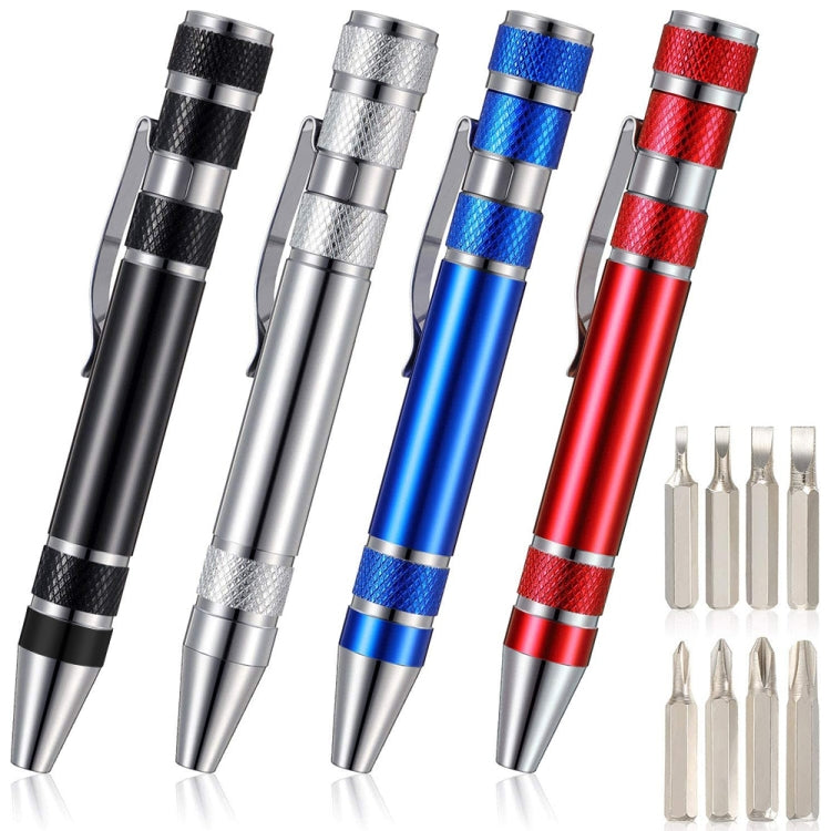 Aluminum mini tool pen screwdriver set shown in four colors: black, silver, blue, red