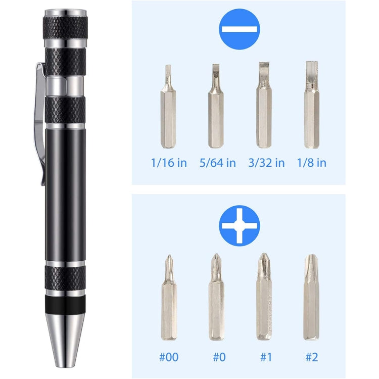 Black aluminum mini tool pen screwdriver with interchangeable bit tips and size markings