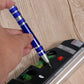 Blue aluminum mini tool pen screwdriver held in hand beside a measuring level