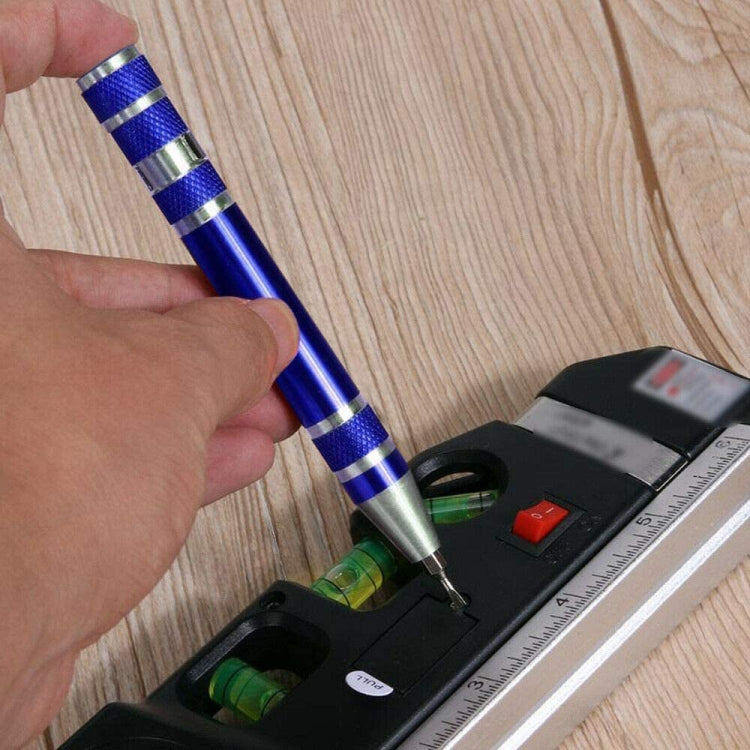 Blue aluminum mini tool pen screwdriver held in hand beside a measuring level