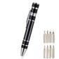 Black aluminum mini tool pen screwdriver with interchangeable bit set shown on the side