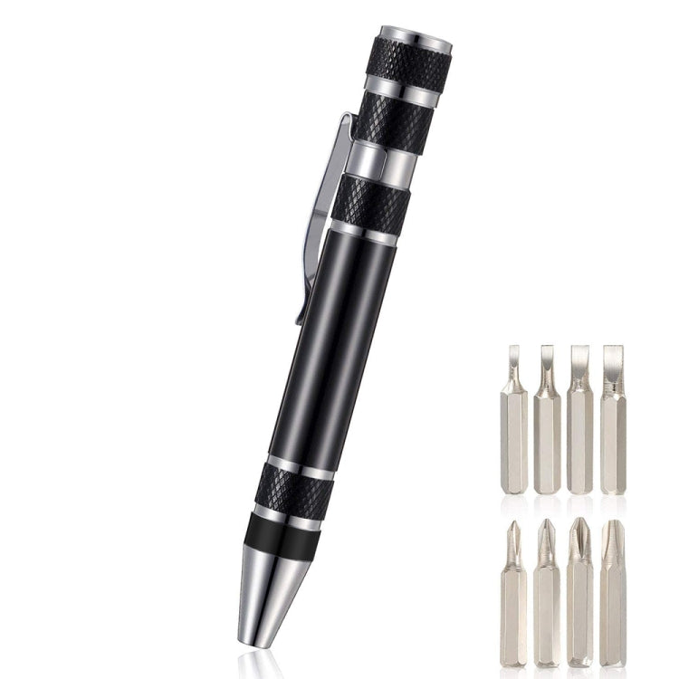 Black aluminum mini tool pen screwdriver with interchangeable bit set shown on the side