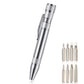 Silver aluminum mini tool pen screwdriver with interchangeable bit set shown on the side