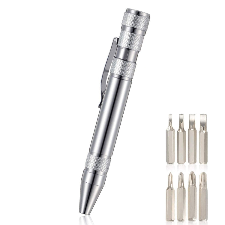 Silver aluminum mini tool pen screwdriver with interchangeable bit set shown on the side
