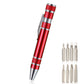 Red aluminum mini tool pen screwdriver with interchangeable bit set shown on the side