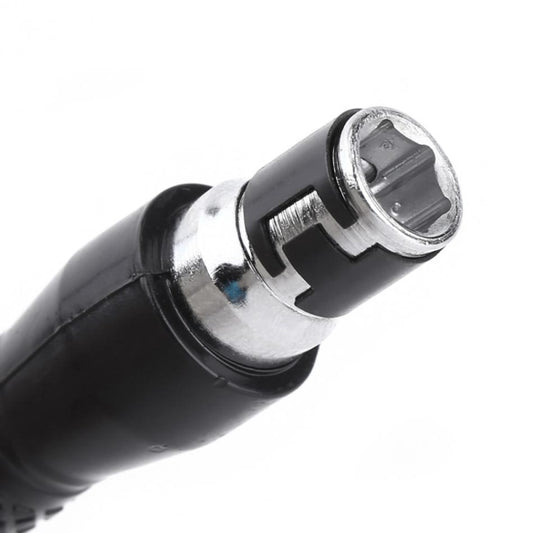 Close-up of black double-socket driver with chrome collar and angled bit slot