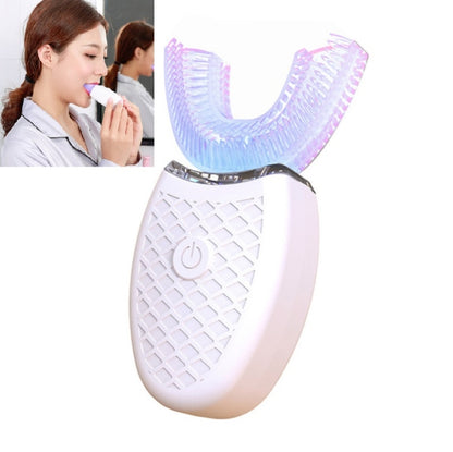 U-shaped electric toothbrush with white handle and purple-blue bristle tray