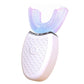 U-shaped electric toothbrush with white handle and purple-blue bristle tray
