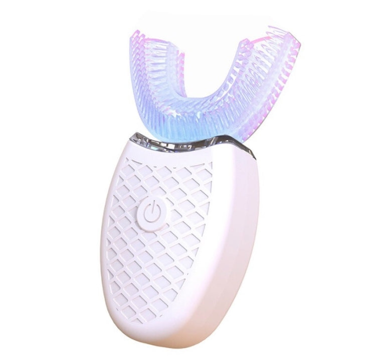 U-shaped electric toothbrush with white handle and purple-blue bristle tray