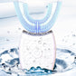 White U-shaped electric toothbrush with blue bristle tray and textured base