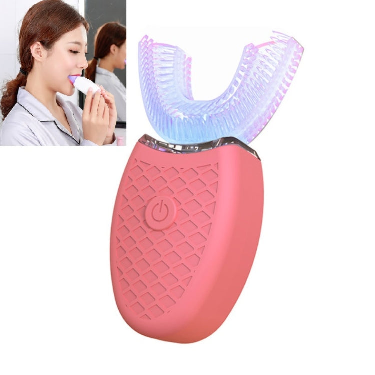 U-shaped electric toothbrush with pink handle and purple-blue bristle tray