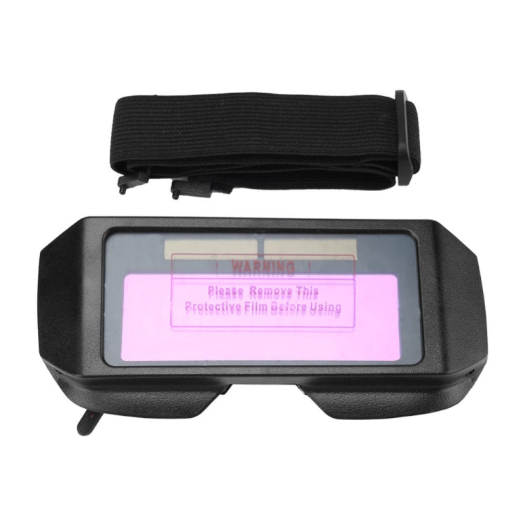 Auto-darkening welding helmet eyes protector with warning label on purple filter lens
