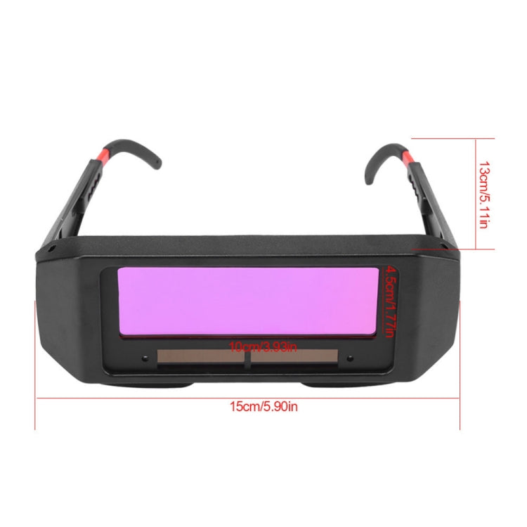 Auto-darkening welding helmet eyes protector, front view with purple viewing window